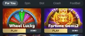 Tuzowins lobby tabs with Wheel Lucky and Fortune Gems 2